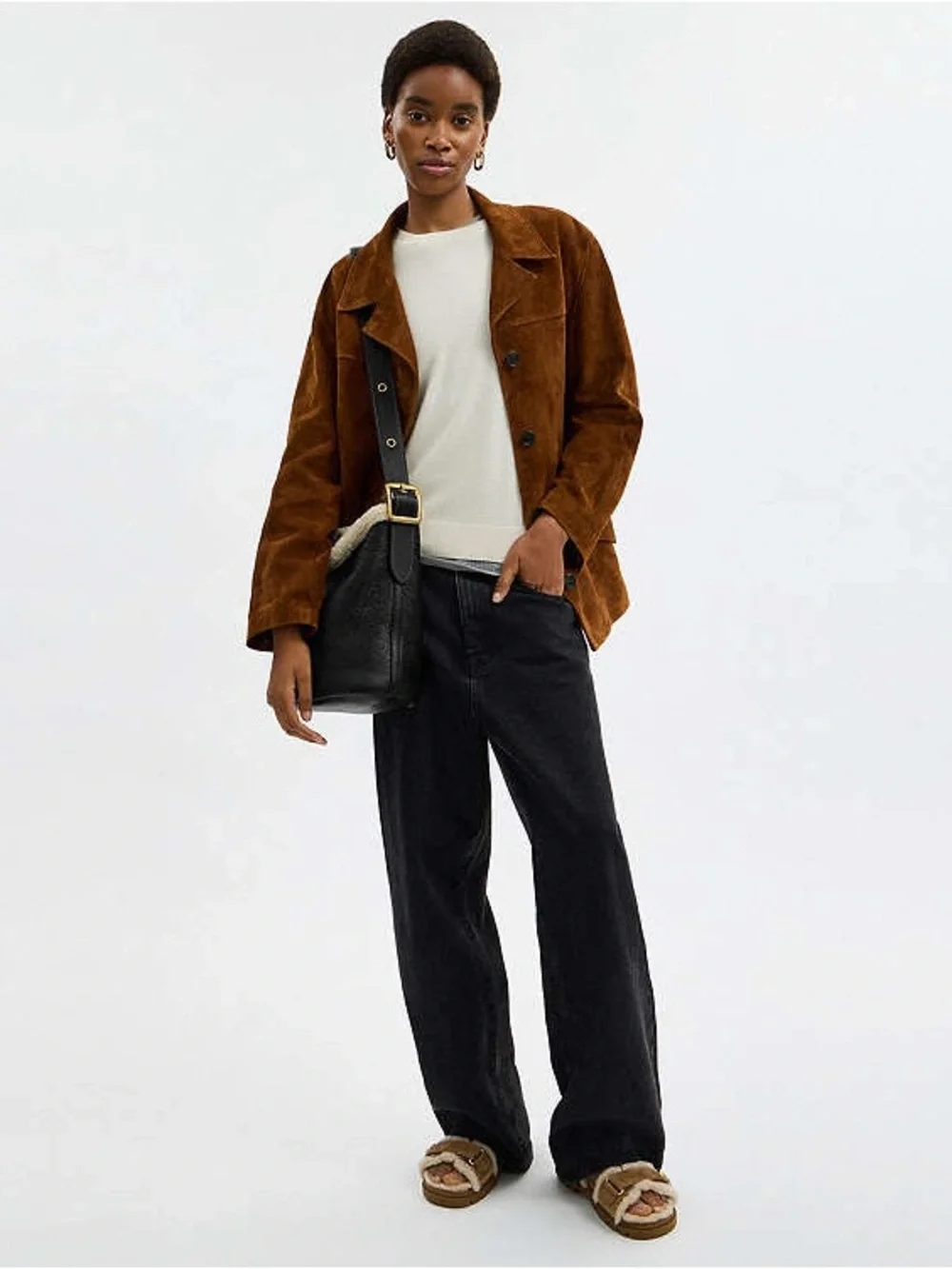 Coach Bleecker Bucket Bag In Shearling Brass Black Natural Leather CCC28